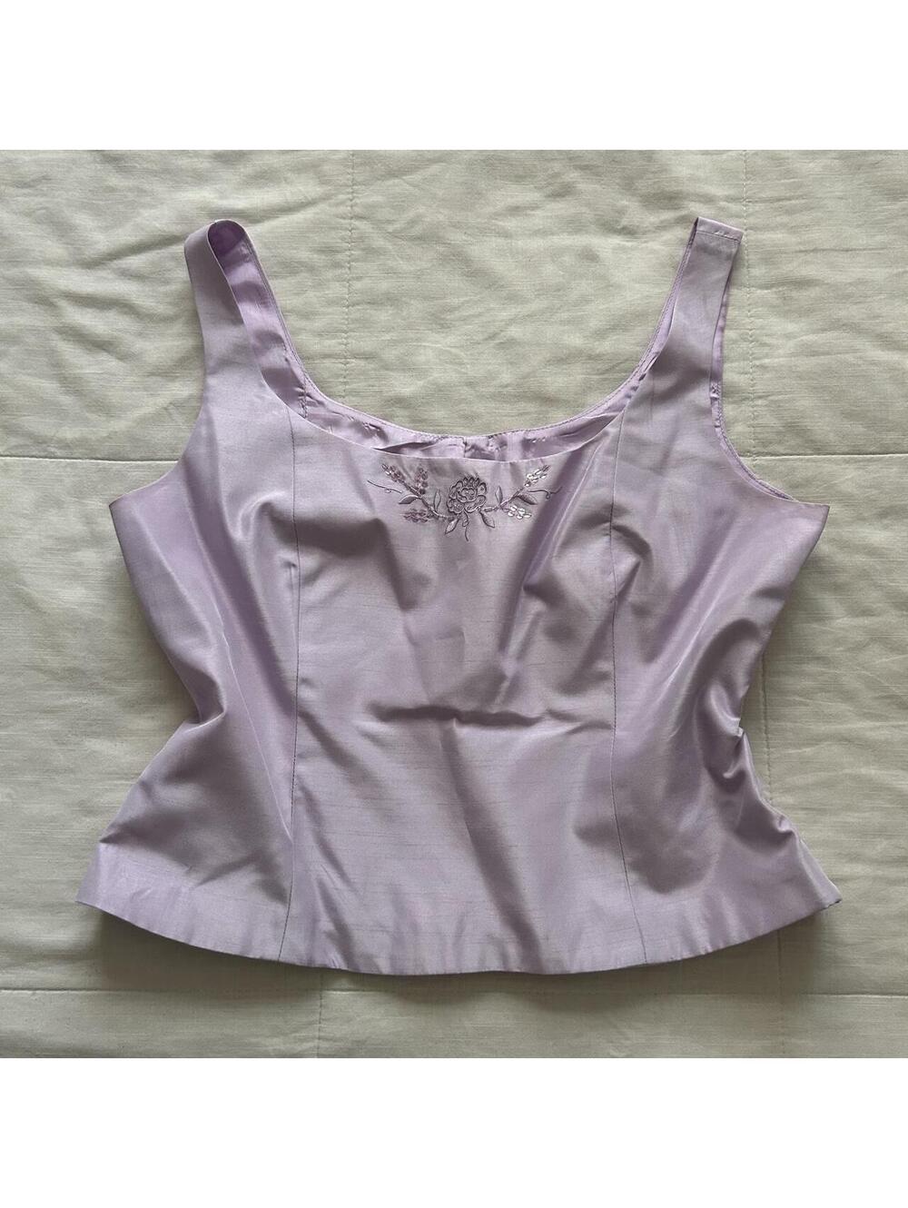 Studio 1 Lavender Satin Tank Top Floral Embroidery Sequins Size 8 Y2K